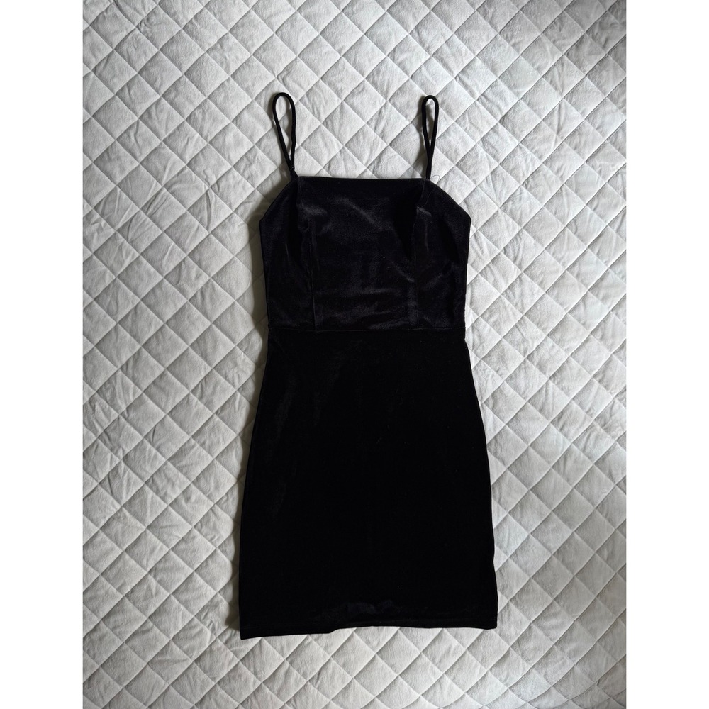 Y2K VTG Crystal Sky Black Velvet Bodycon Mini Dress Sz XS Coquette Going Out‎